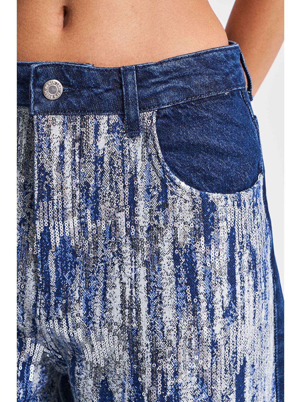 Kadın Mavi Renk 1w5-4 Palazzo Fit Pullu Özel Kumaş %100 Pamuk Tasarım Denim Jean-2