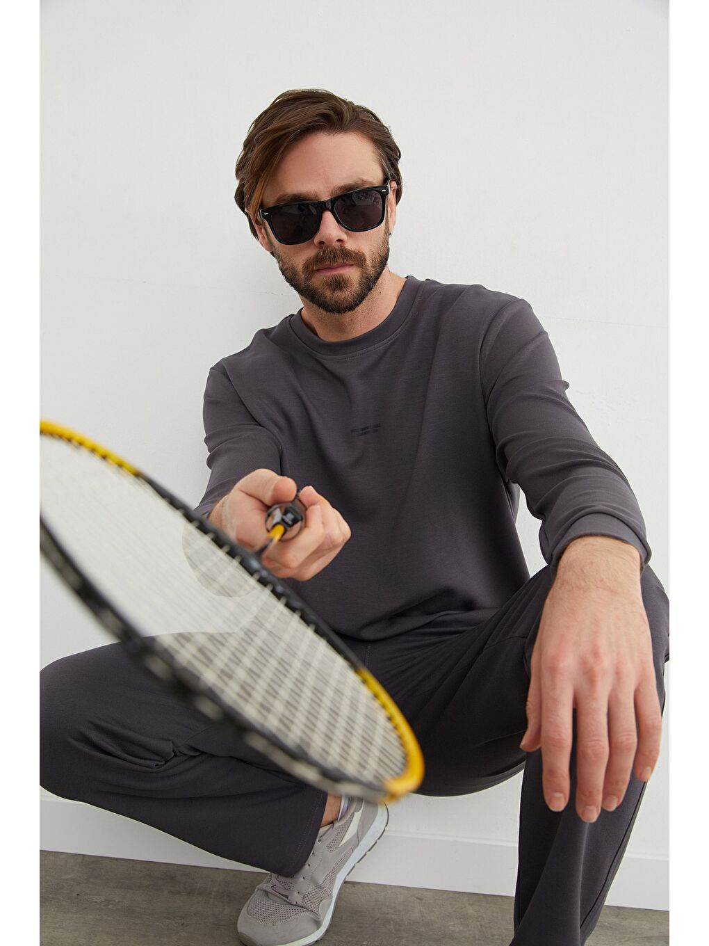 Antrasit Basic Bisiklet Yaka Modal Kumaş Sweatshirt-2