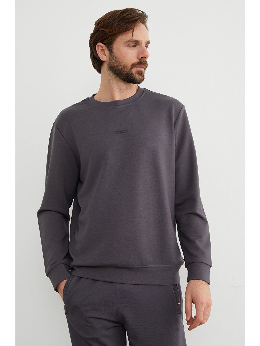 Antrasit Basic Bisiklet Yaka Modal Kumaş Sweatshirt-3