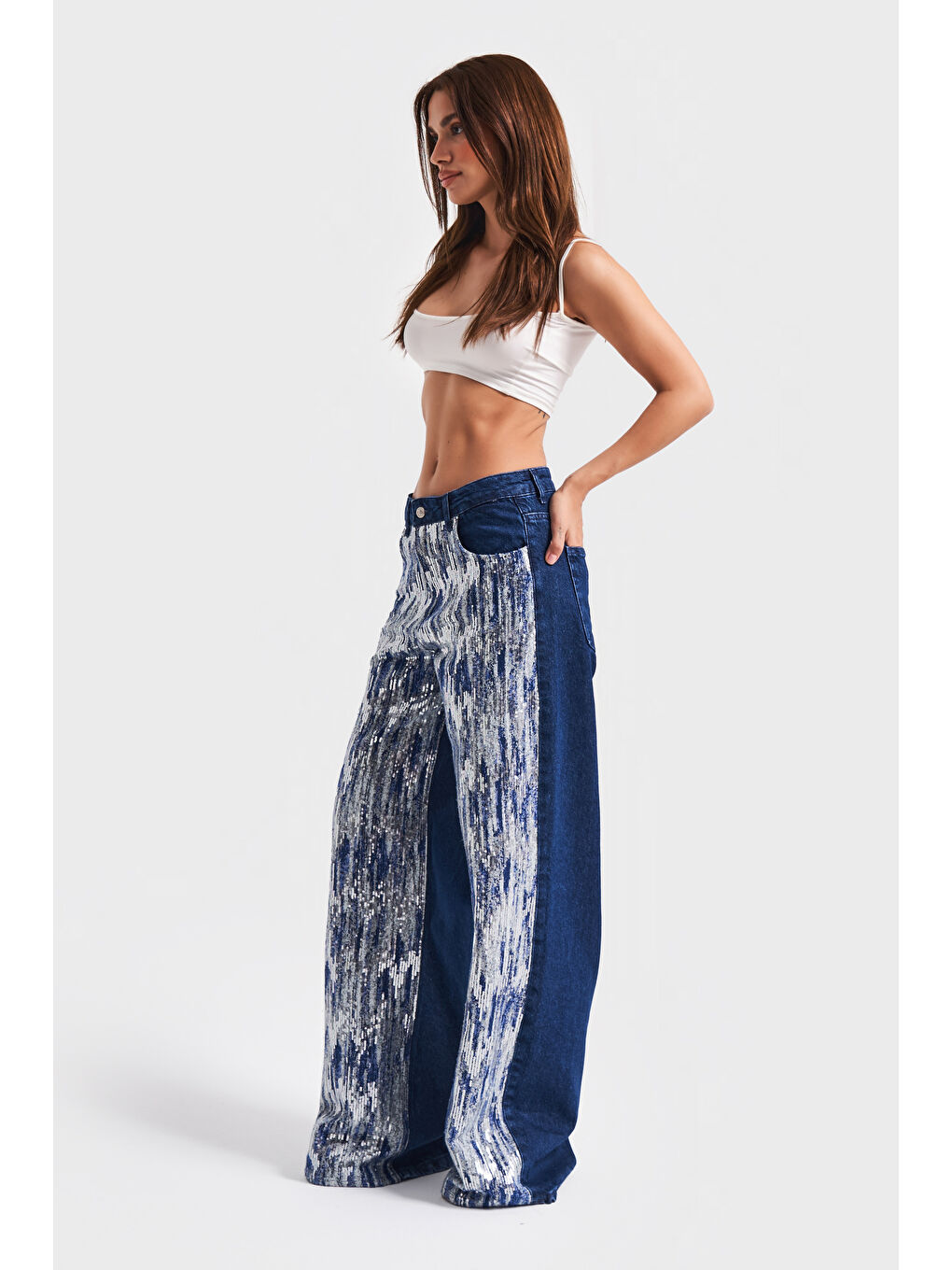 Kadın Mavi Renk 1w5-4 Palazzo Fit Pullu Özel Kumaş %100 Pamuk Tasarım Denim Jean-3