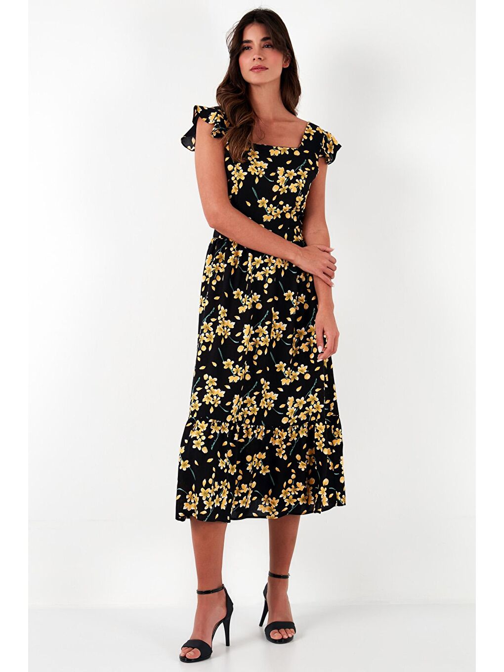 Siyah Desenli Regular Fit Kare Yaka Volanlı Midi Elbise 611El501-2