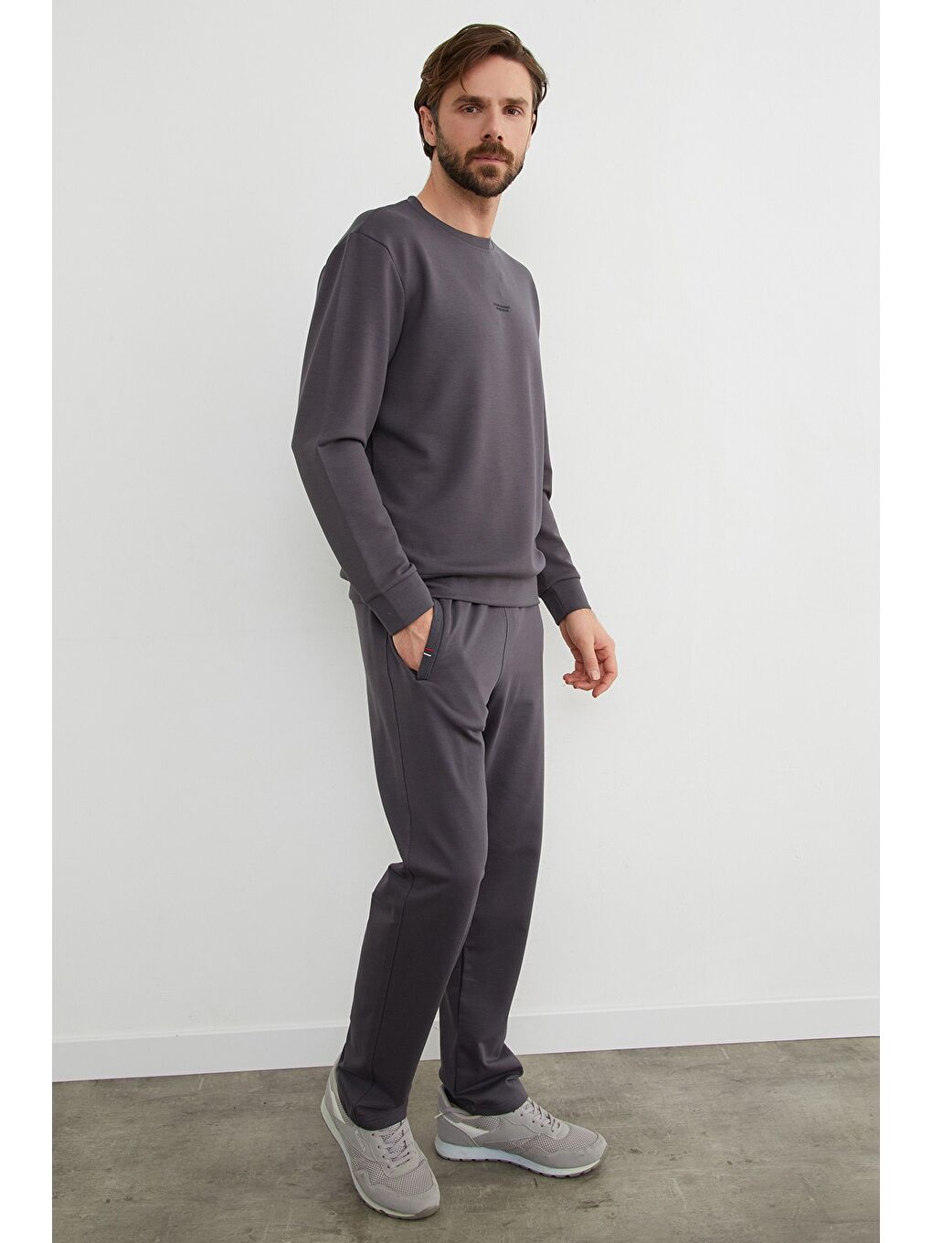 Antrasit Basic Bisiklet Yaka Modal Kumaş Sweatshirt-4