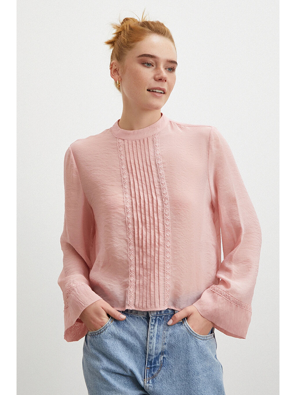 Dantel Kesimli Uzun Kollu Bluz Pembe-2