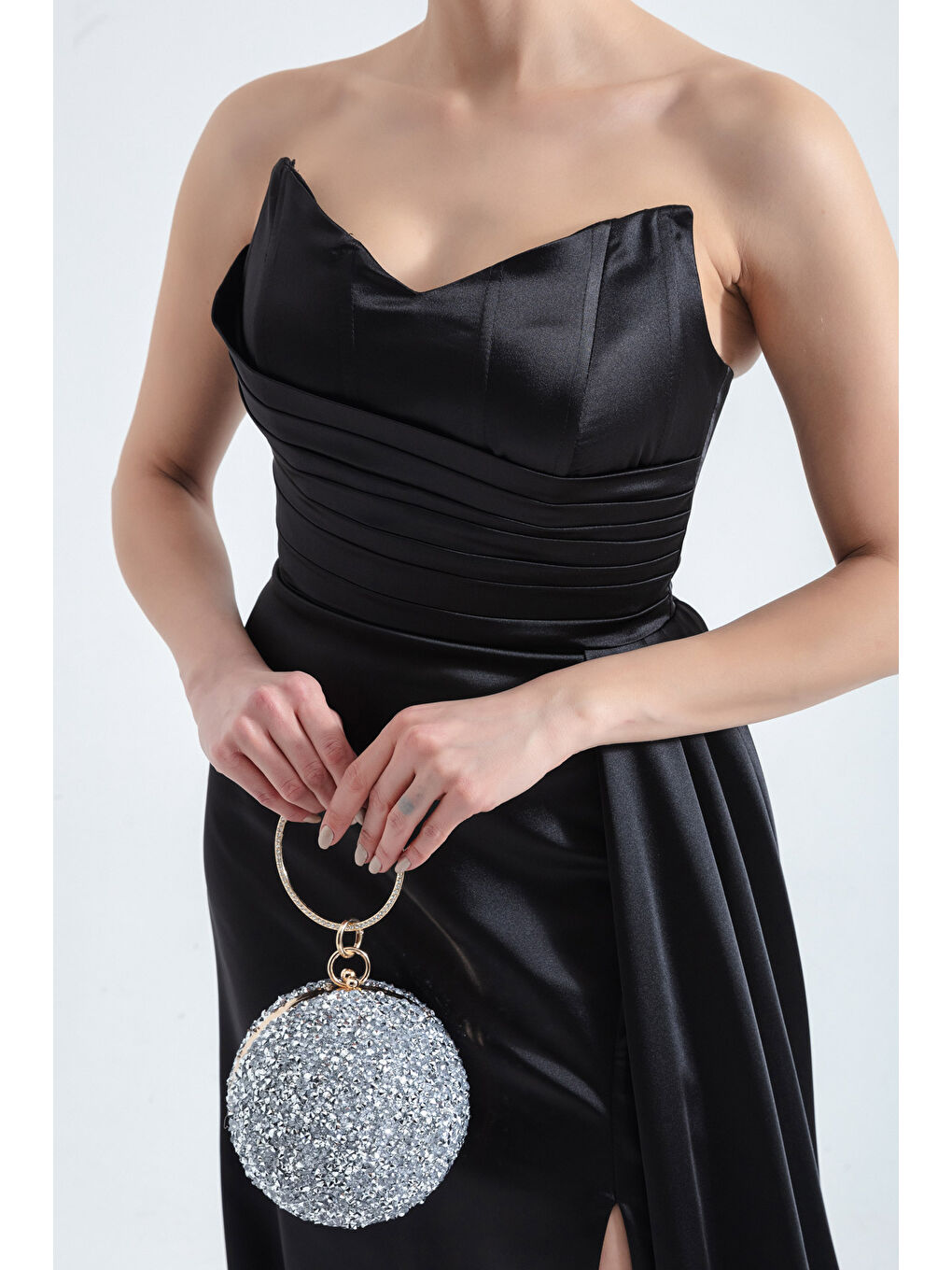 Kadın Siyah Straplez Uzun Abiye Elbise-3