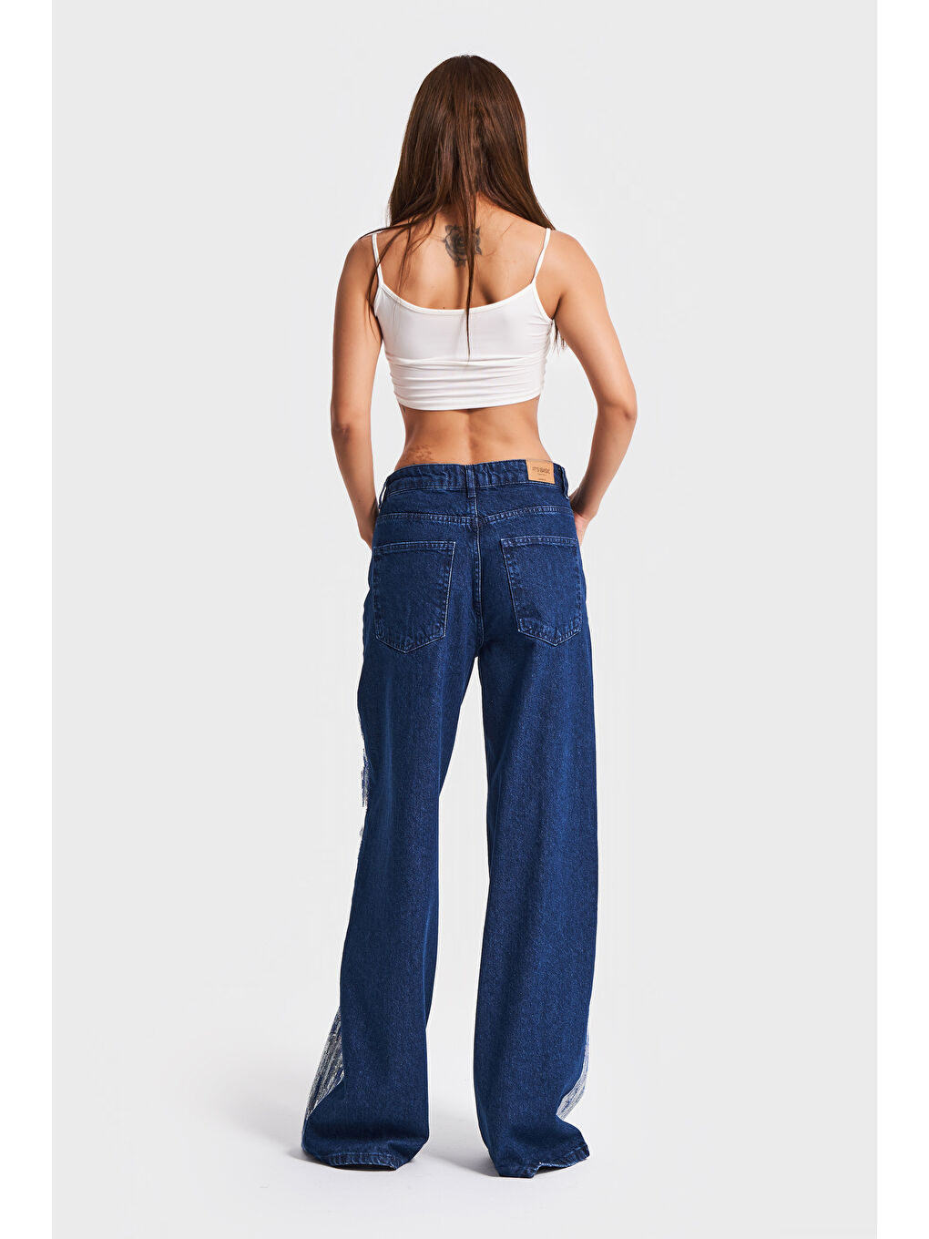 Kadın Mavi Renk 1w5-4 Palazzo Fit Pullu Özel Kumaş %100 Pamuk Tasarım Denim Jean-4