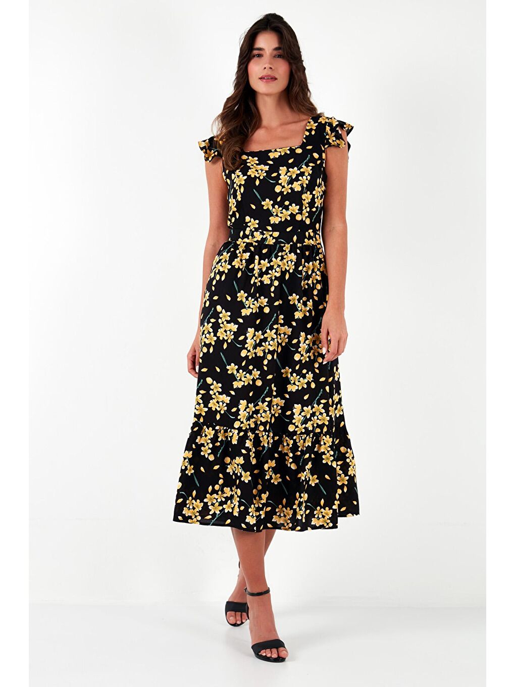 Siyah Desenli Regular Fit Kare Yaka Volanlı Midi Elbise 611El501-3