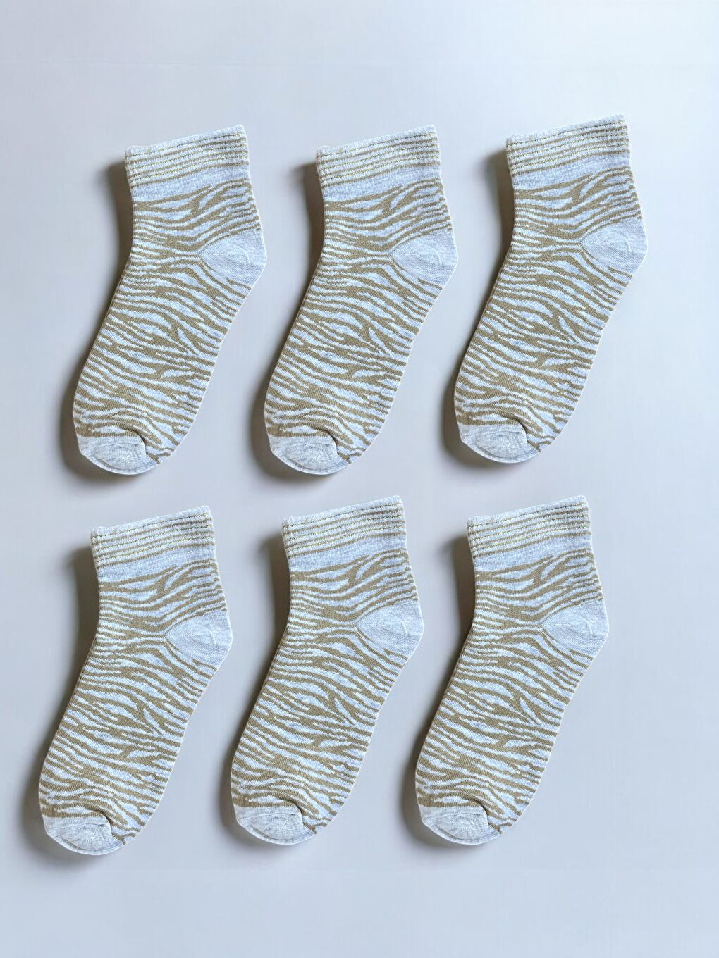 Ekru 6'lı Kadın Krem Simli Desenli Yarım Konç Patik Çorap