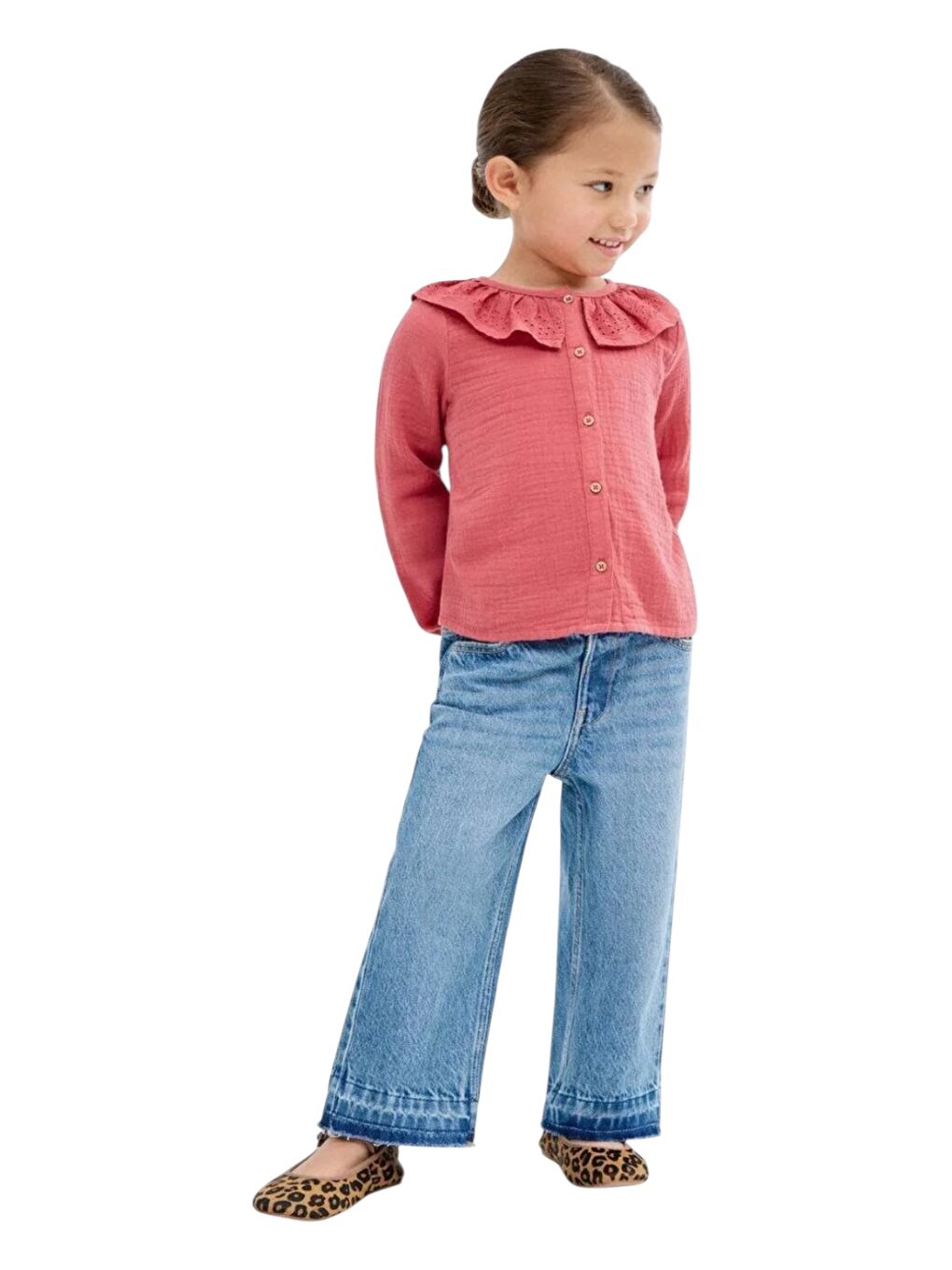 Mavi Kız Çocuk Yüksek Bel Wide Leg Jean Pantolon - Paça Detayli - Beli Aylanabilir Lastikli-2