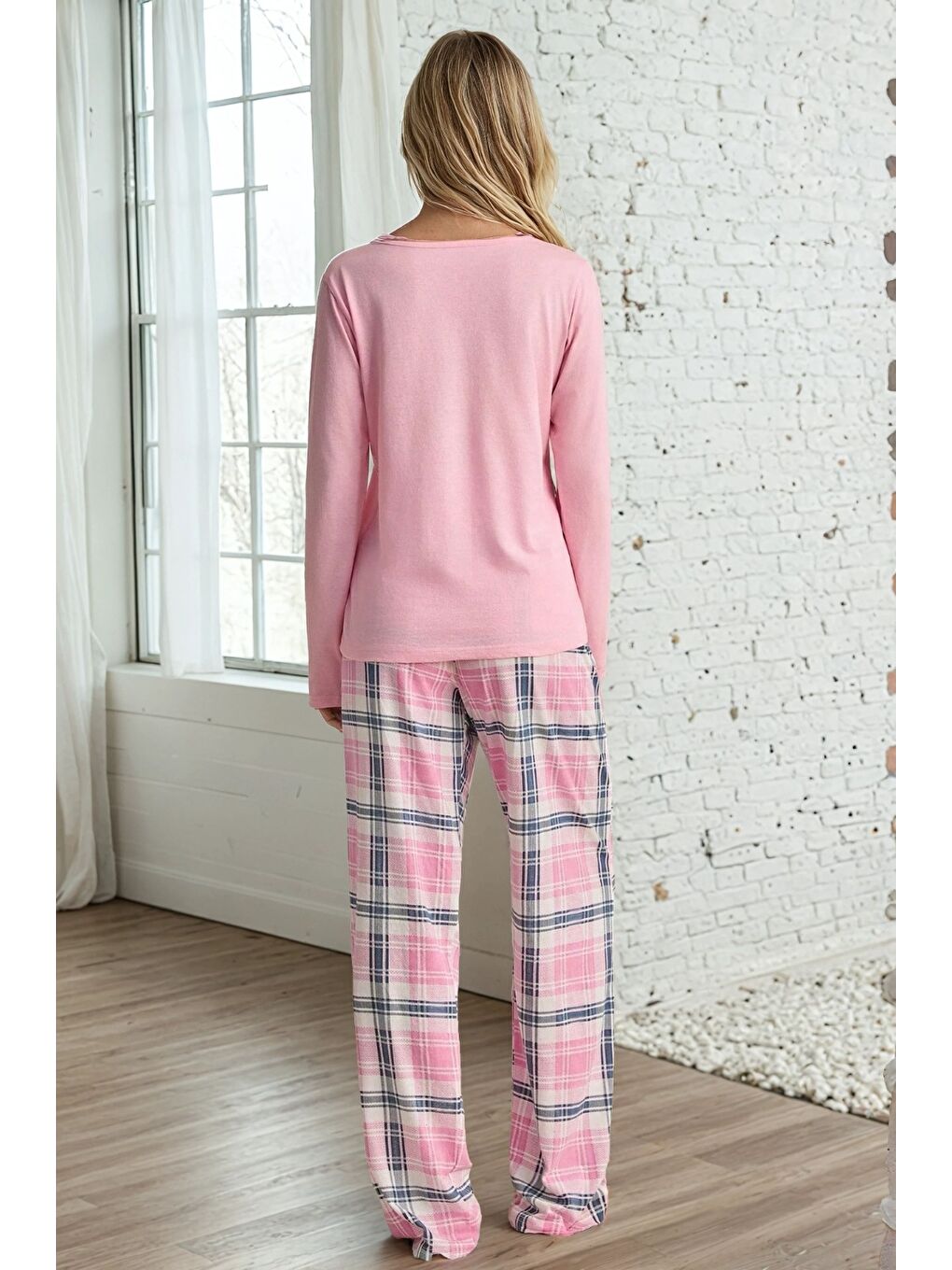 Pembe Ekose Desen Happy Baskılı Uzun Kol Pijama Takımı-2