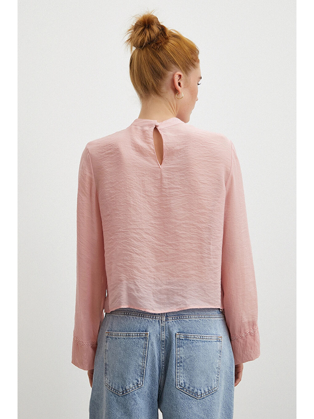 Dantel Kesimli Uzun Kollu Bluz Pembe-5