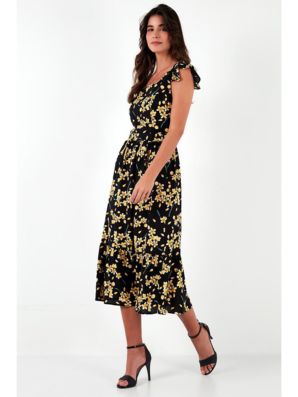 Siyah Desenli Regular Fit Kare Yaka Volanlı Midi Elbise 611El501-4