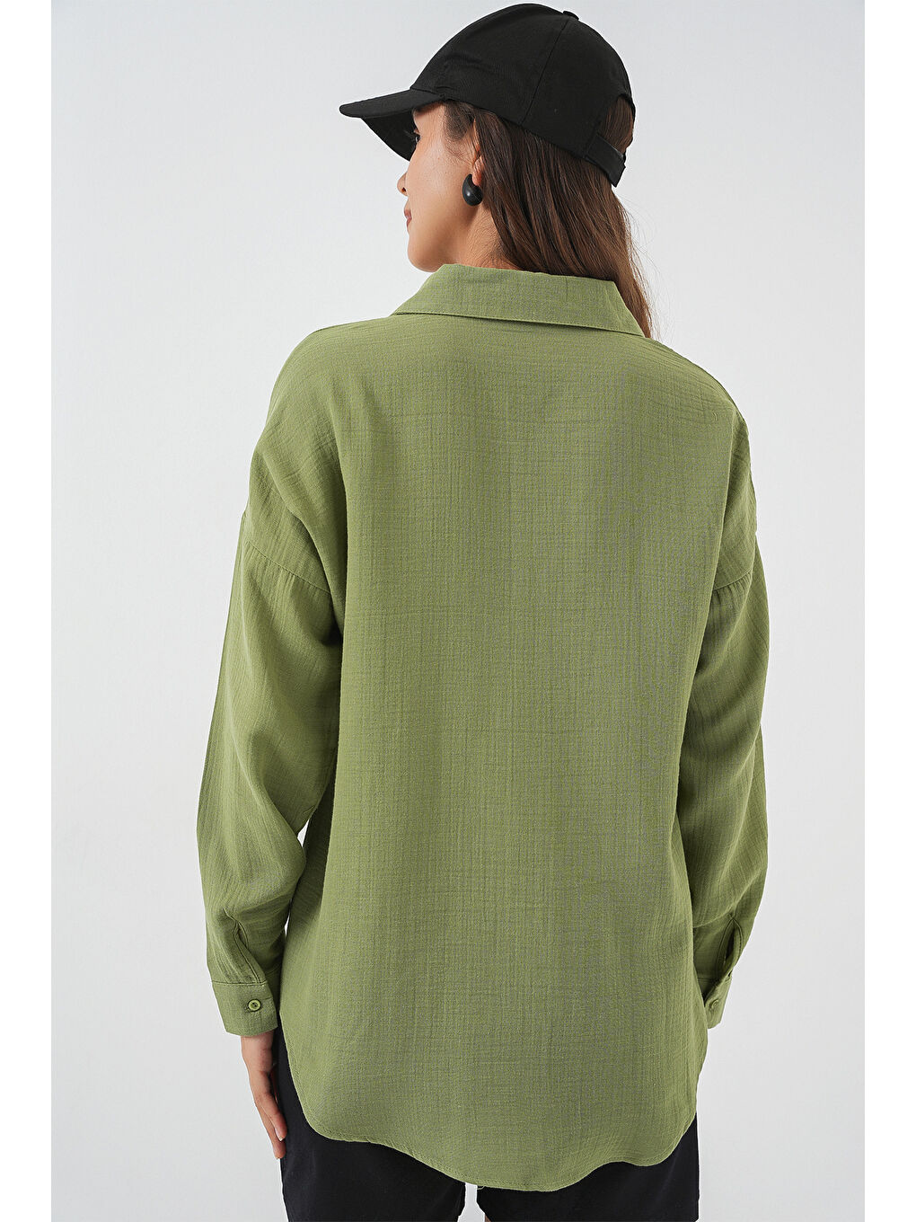 Yeşil Kadın Tek Cepli Oversize Müslin Gömlek 20353 - Çağla-5