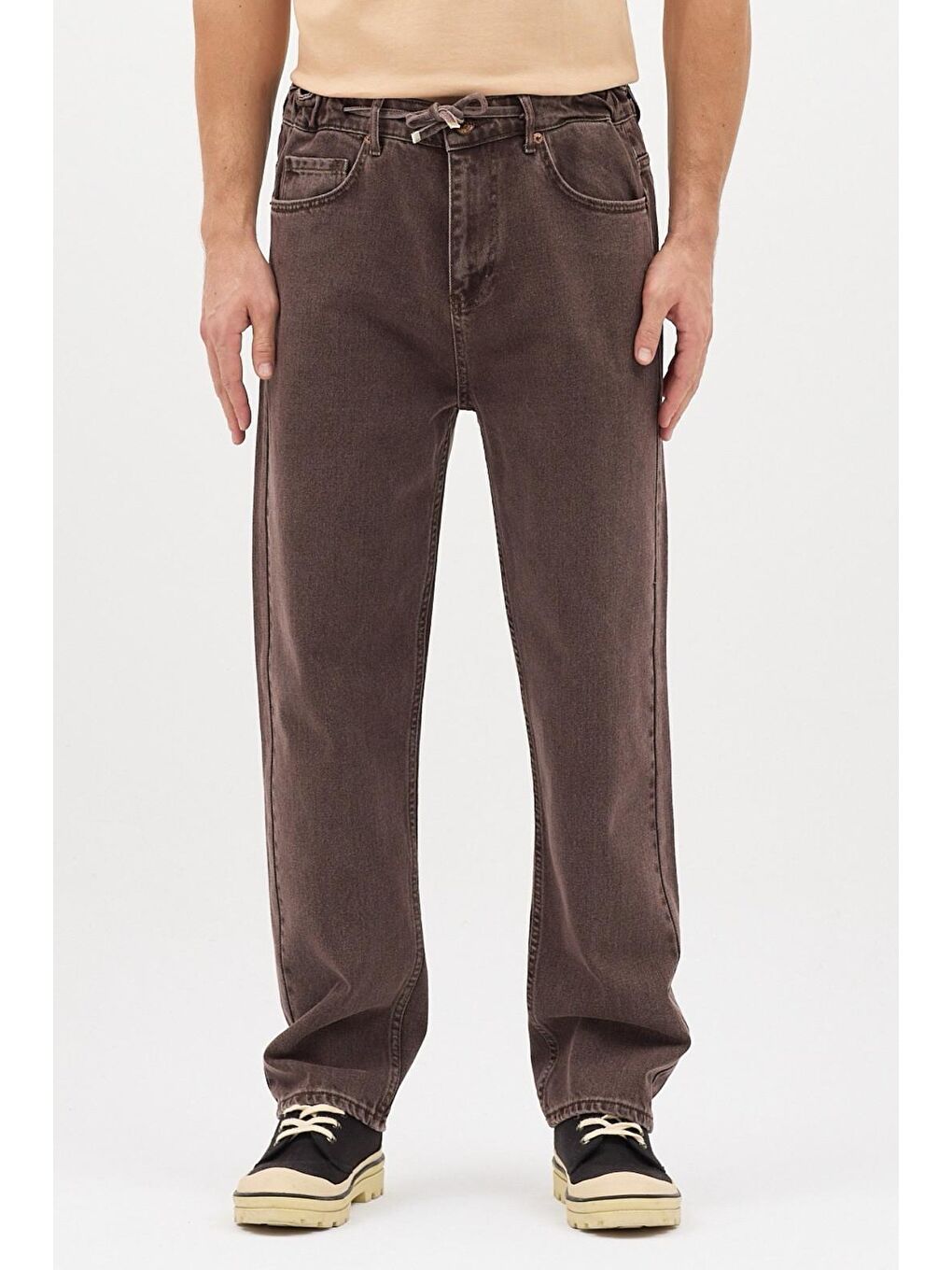 Kahverengi Reax 896 Beli Lastikli İpli Baggy Bol Kesim Jean Pantolon-1