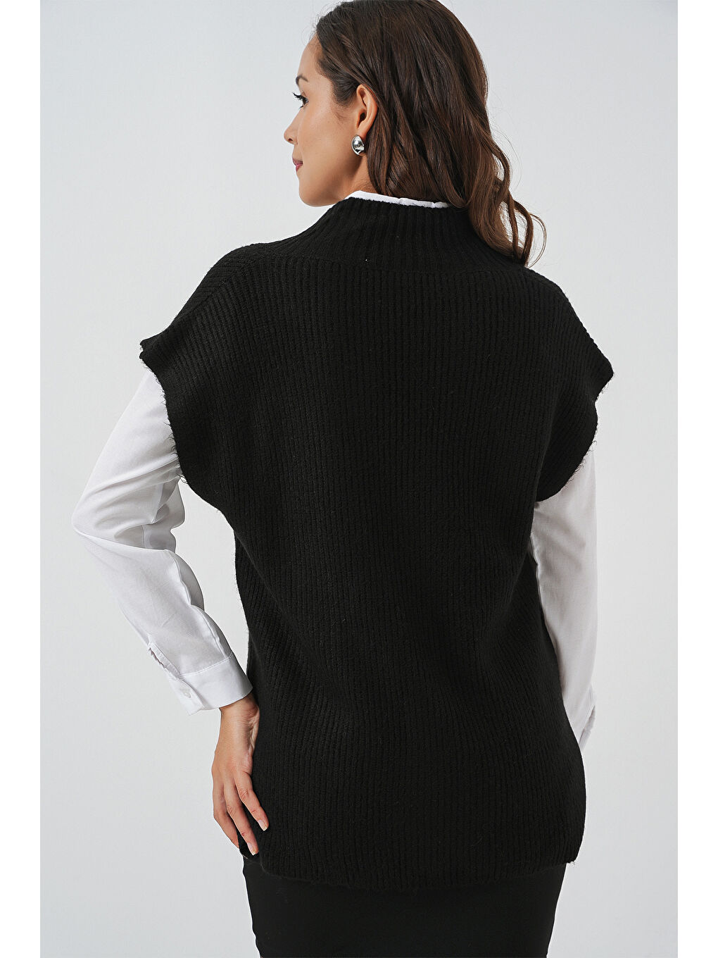 Kadın V Yaka Triko Süveter 15925 - Siyah-5