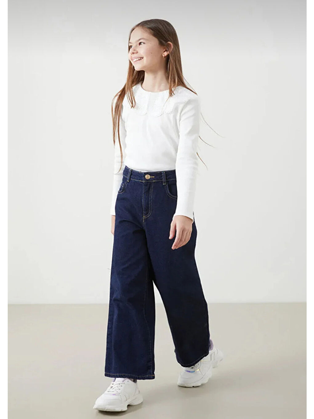 Kız Çocuk Ayarlanabilir Belli Wide Leg Jean – Koyu Mavi