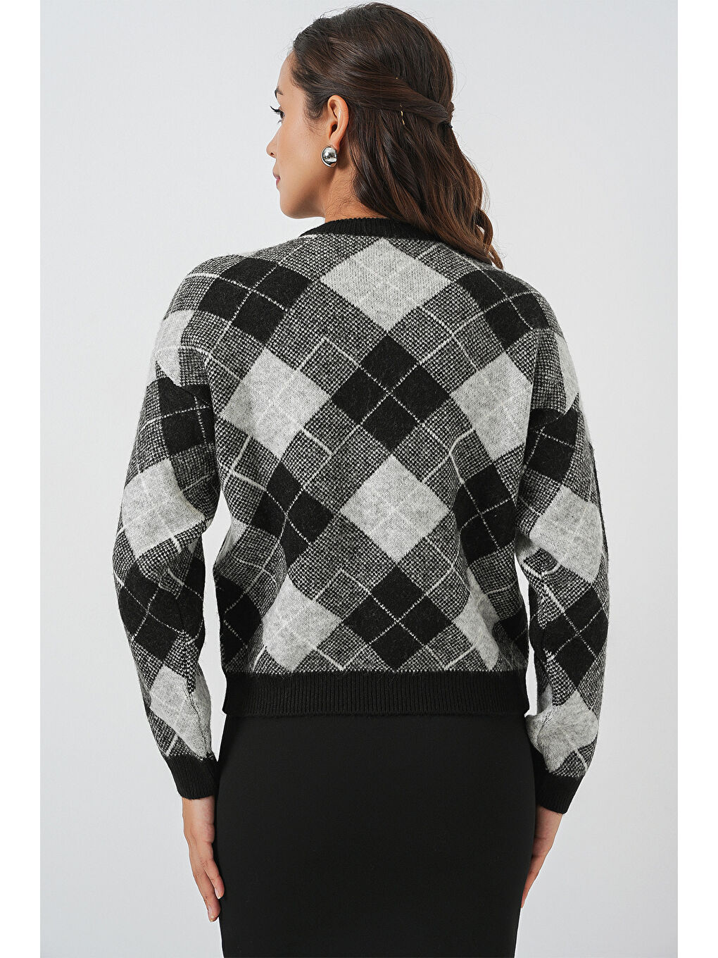 Kadın Desenli Düğmeli Triko Hırka 15927 - Siyah-5