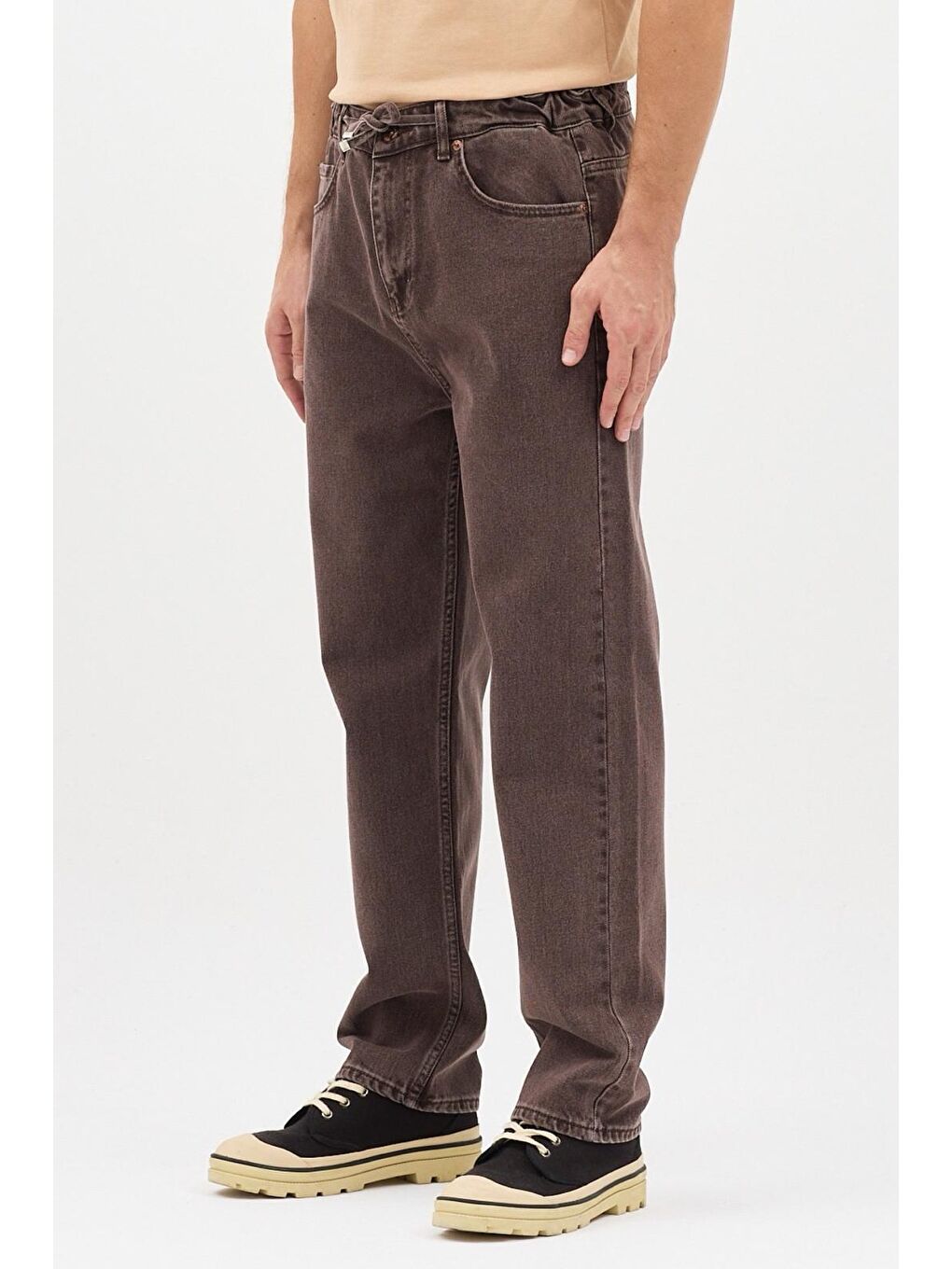 Kahverengi Reax 896 Beli Lastikli İpli Baggy Bol Kesim Jean Pantolon-2