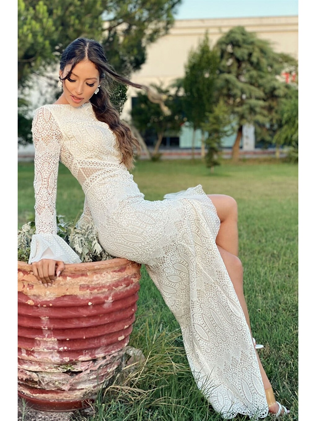 Ekru Brode Dantelli Özel Tasarım Nikah Elbisesi Söz Elbisesi-4