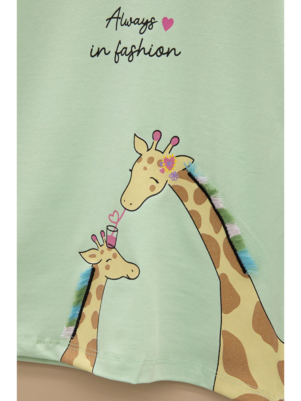 Yeşil Zürafa Baskılı Fırfırlı Kız Bebek Kısa Kol Tişört 20993-1