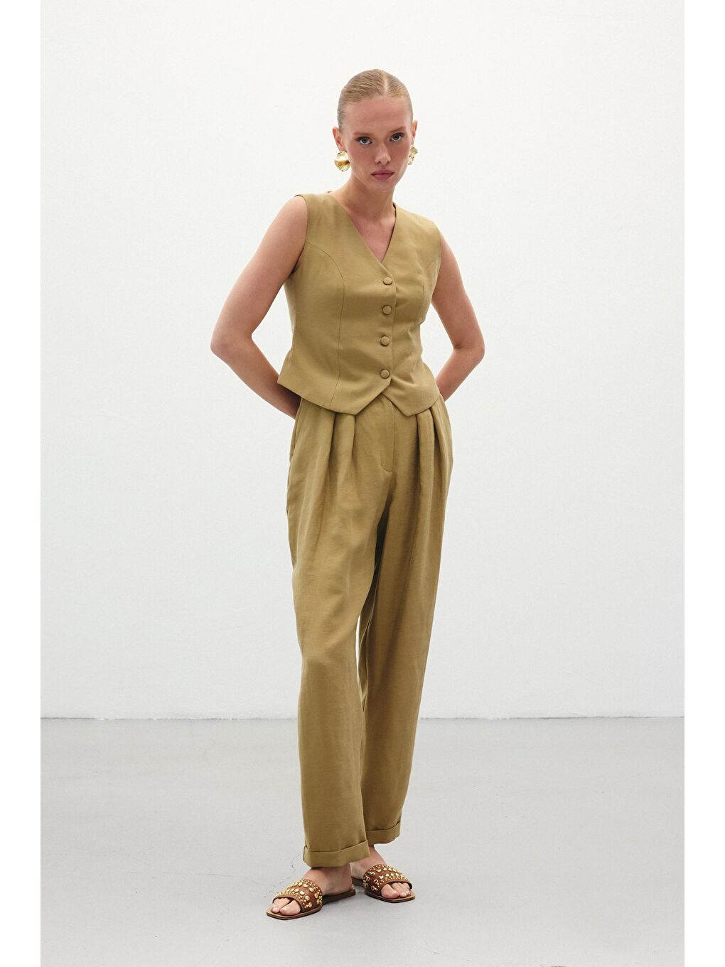 Salaş Keten Pantolon - Haki-1