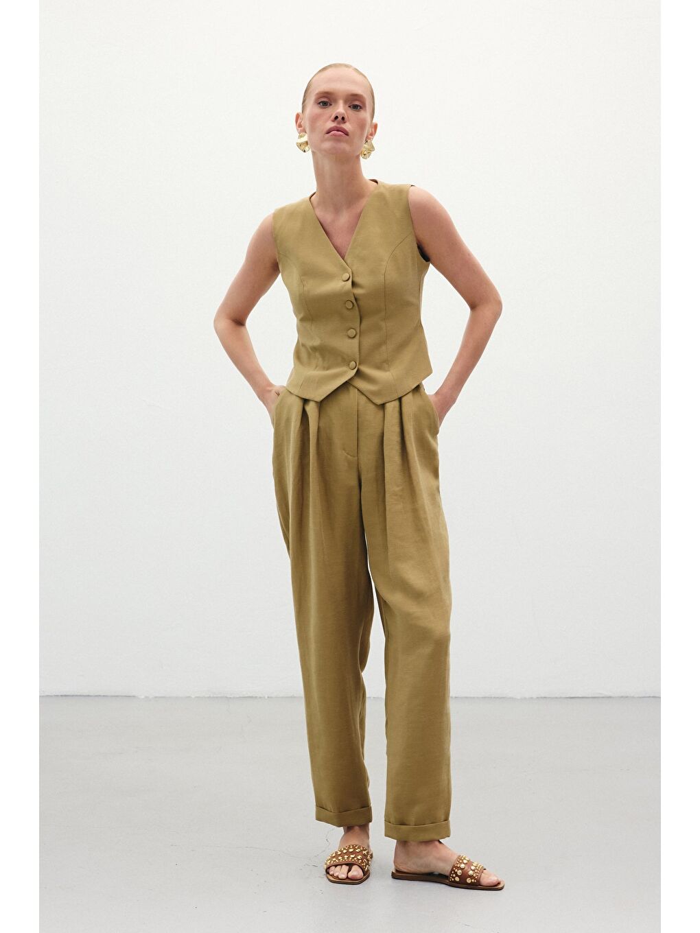 Salaş Keten Pantolon - Haki-2