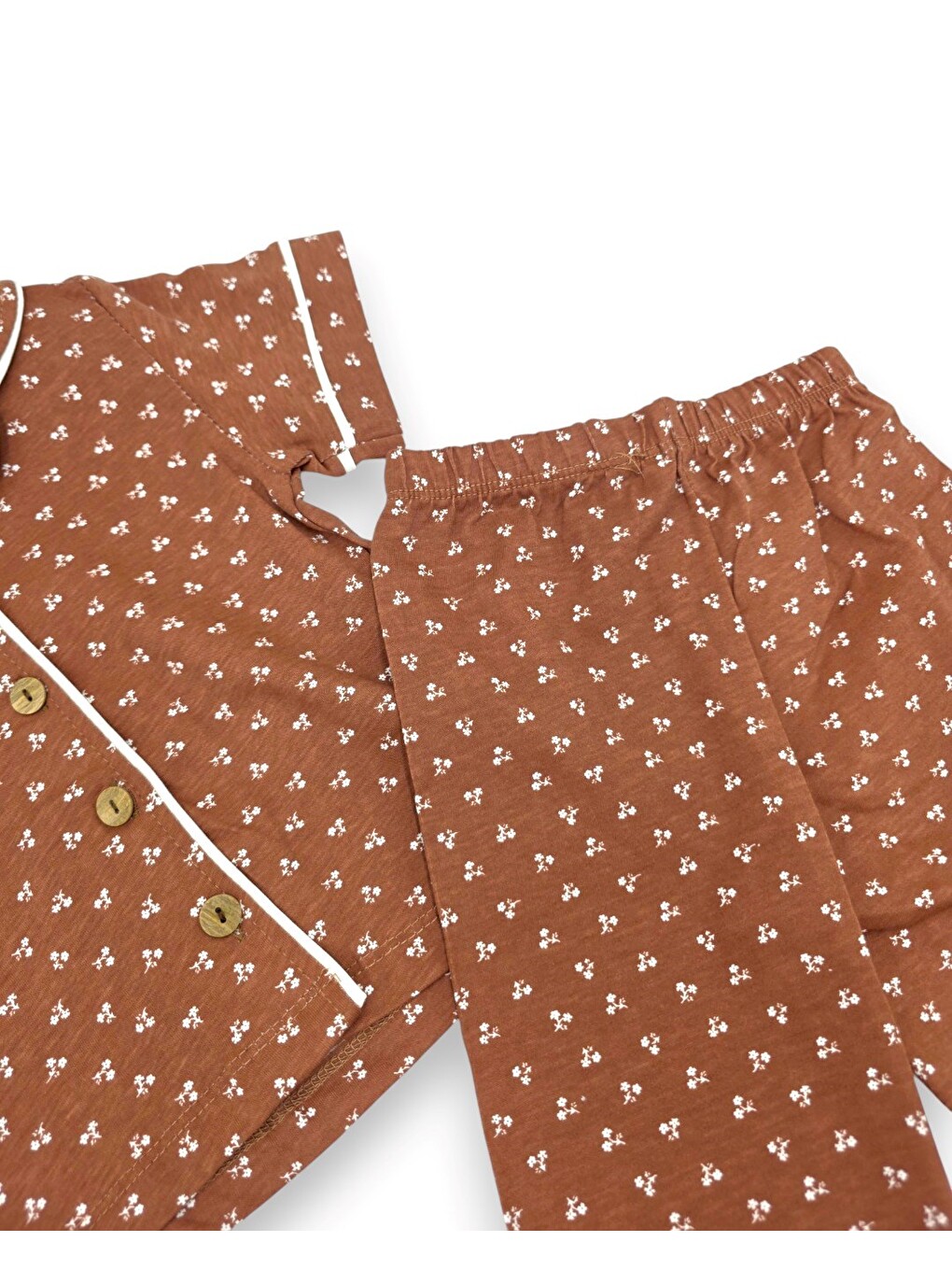 Kahverengi Kız Çocuk Yazlık Çiçek Baskılı Pijama Takımı-5