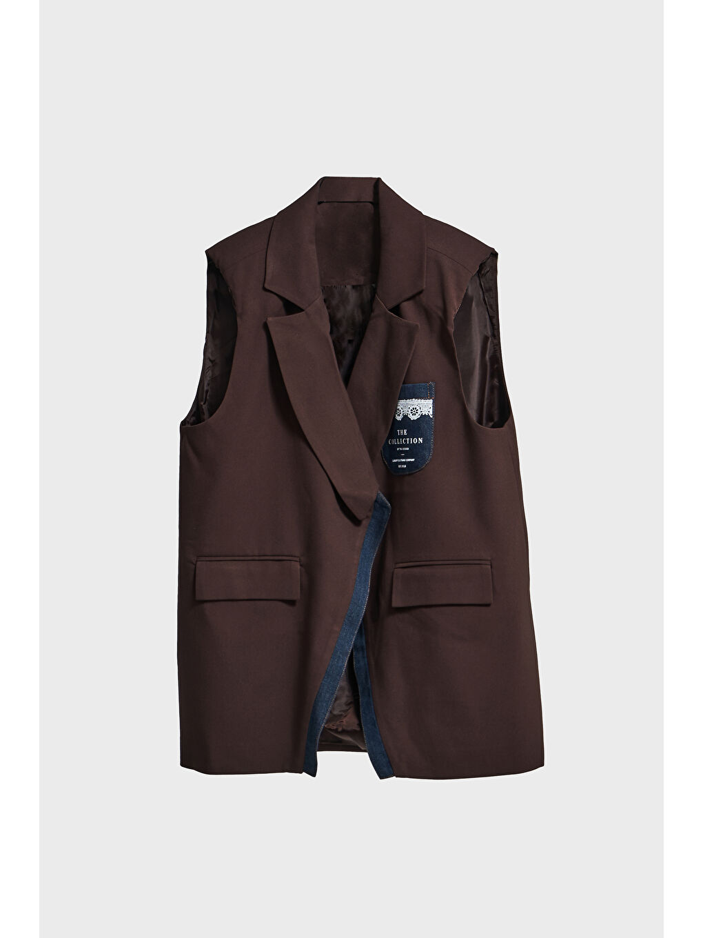 Kadın Kahverengi Denim Parçalı Uzun Boy Özel Tasarım İçi Astarlı Yelek-1