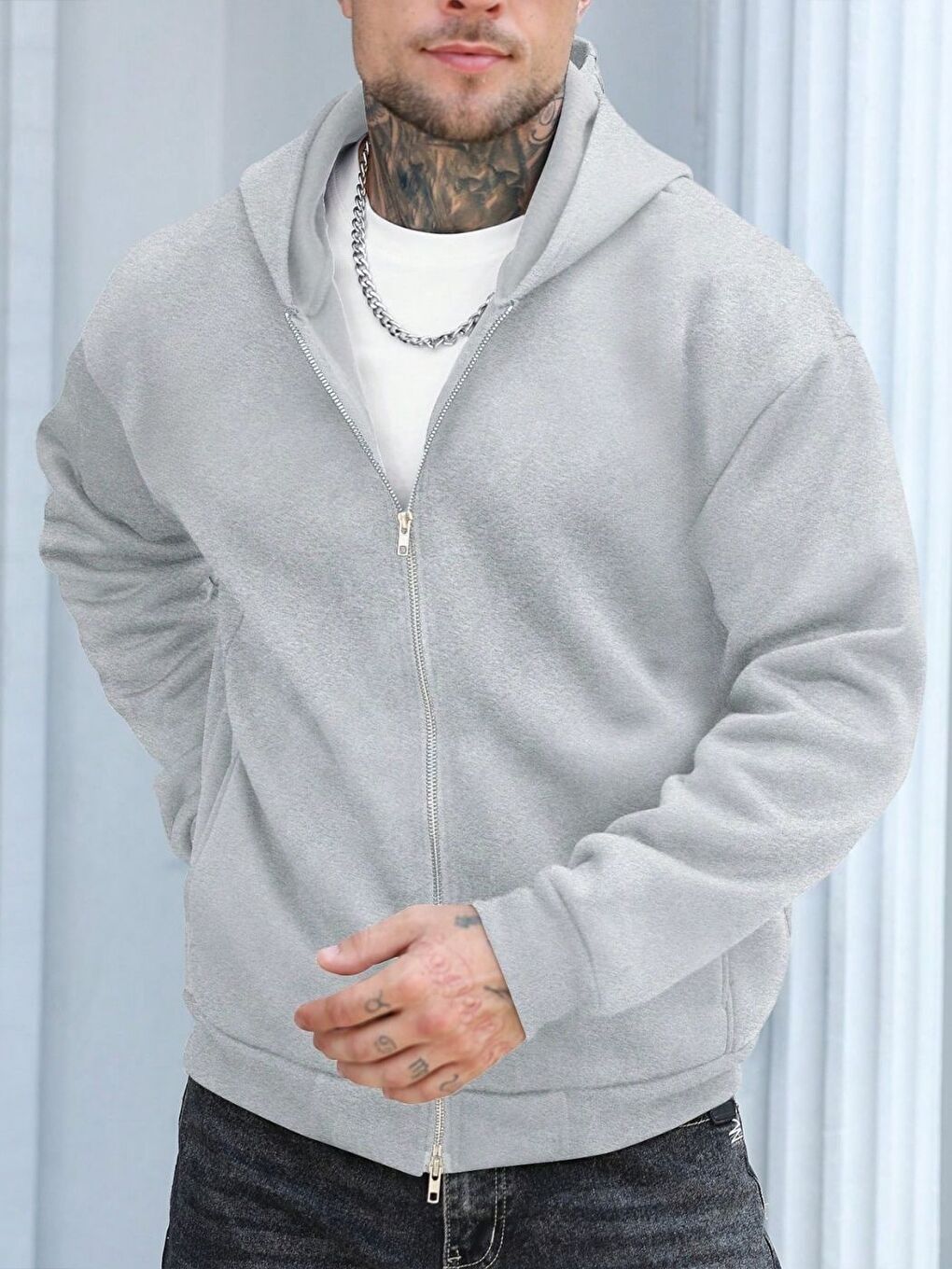 Gri Kapüşon Detay Fermuarlı Erkek Hırka