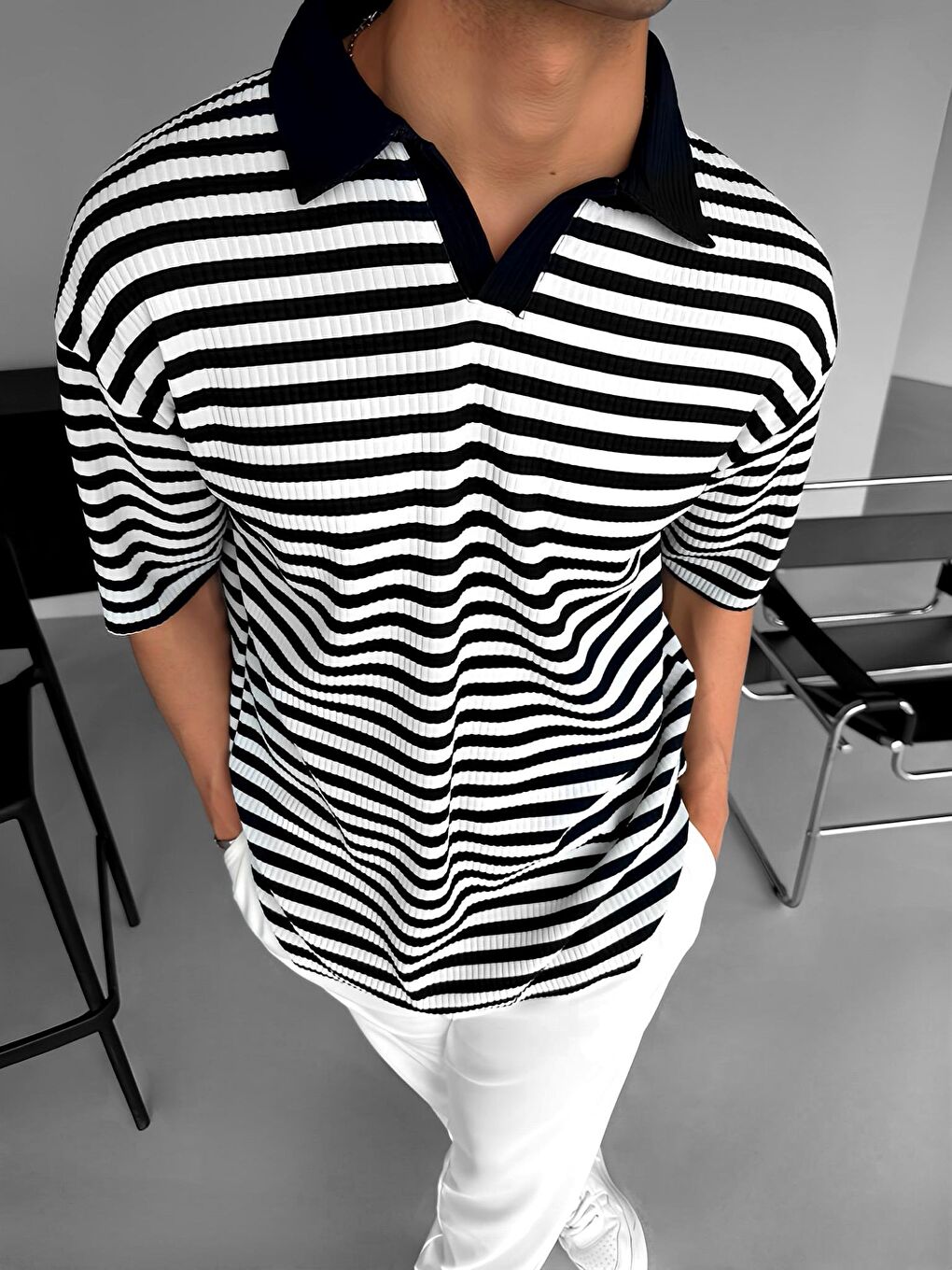 Erkek Oversize Yarım Pat Polo Yaka Çizgili T-Shirt Beyaz - Siyah-2