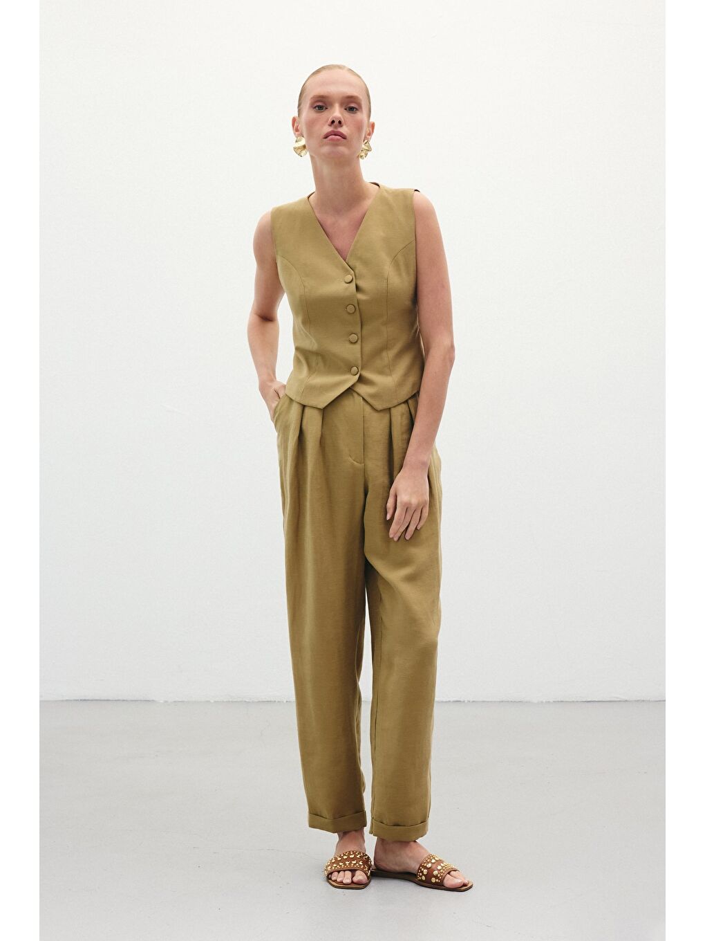 Salaş Keten Pantolon - Haki-3