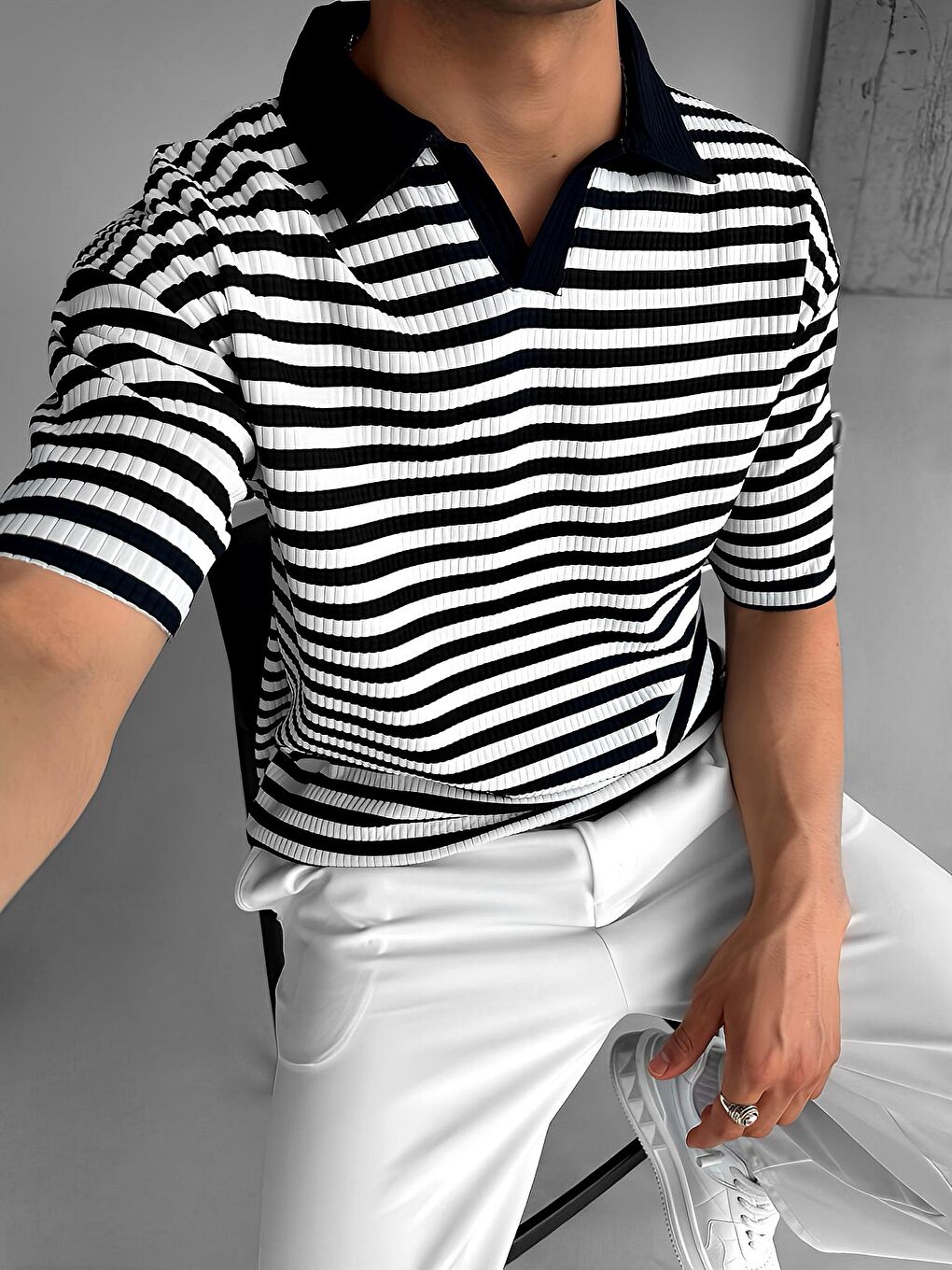 Erkek Oversize Yarım Pat Polo Yaka Çizgili T-Shirt Beyaz - Siyah-4