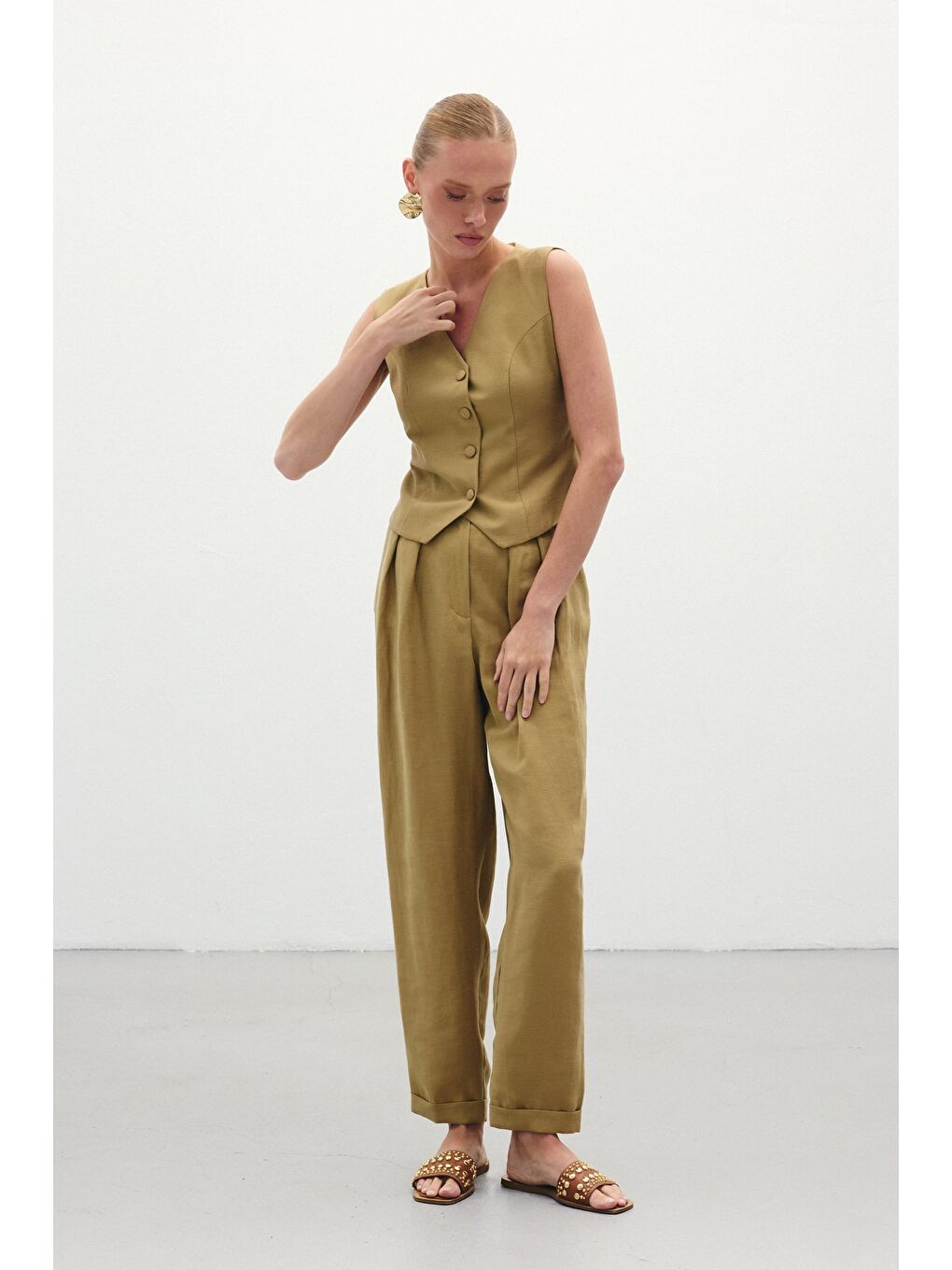 Salaş Keten Pantolon - Haki-4