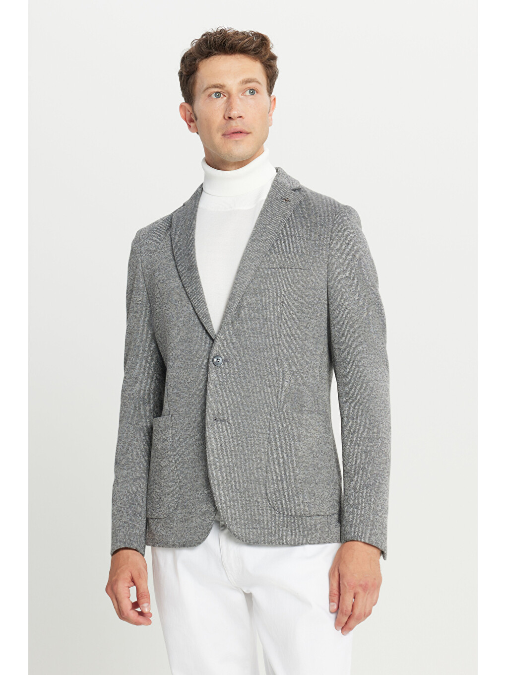 Erkek Antrasit Pamuklu Slim Fit Dar Kesim Mono Yaka Torba Cepli Çizgili Esnek Ceket