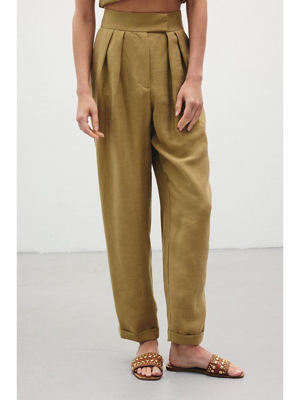 Salaş Keten Pantolon - Haki-5