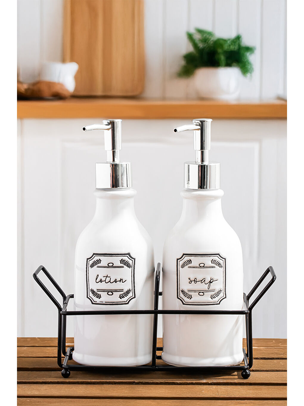 3115 Gümüş Kapaklı Porselen 2li Sıvı Sabunluk – Beyaz 700 ml-1