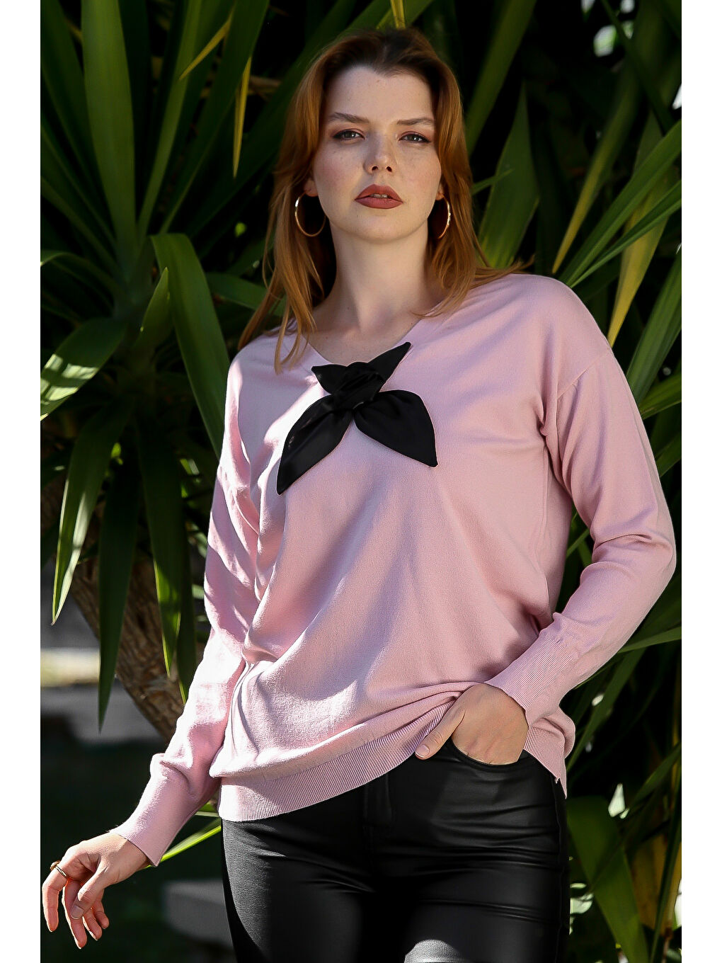 Pembe Somon Rengi V Yaka Uzun Kol Fiyonk Detaylı Casual Triko Kazak 65 60-1