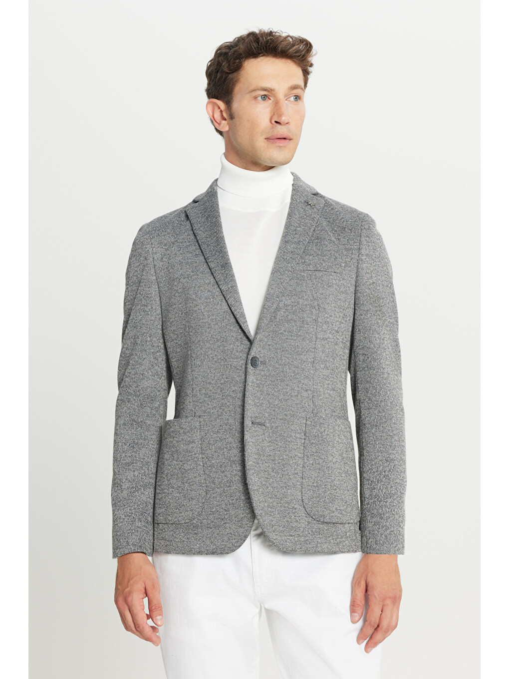 Erkek Antrasit Pamuklu Slim Fit Dar Kesim Mono Yaka Torba Cepli Çizgili Esnek Ceket-2