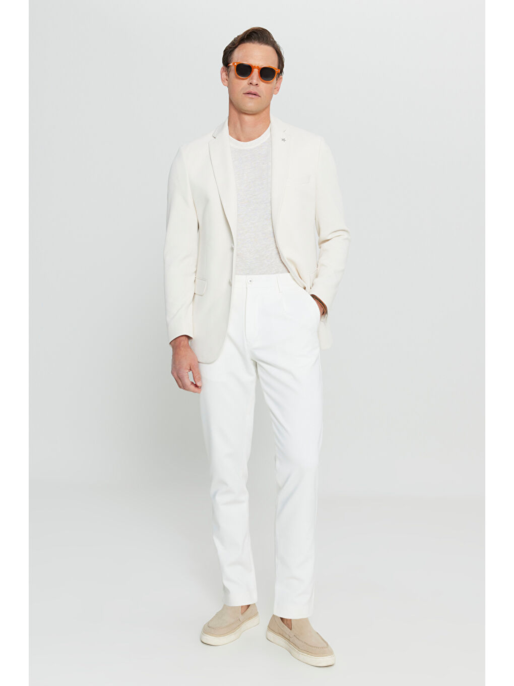 Erkek Ekru 360 Her Yöne Esneyen Pamuklu Esnek Slim Fit Dar Kesim Mono Yaka Armürlü Blazer Ceket-1