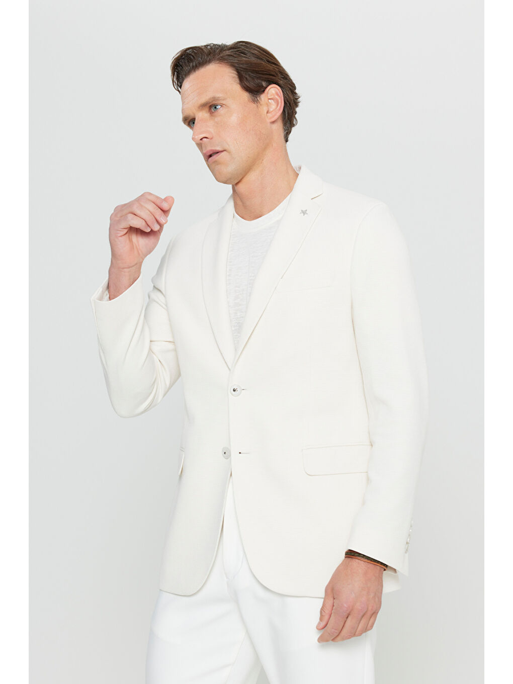 Erkek Ekru 360 Her Yöne Esneyen Pamuklu Esnek Slim Fit Dar Kesim Mono Yaka Armürlü Blazer Ceket-2