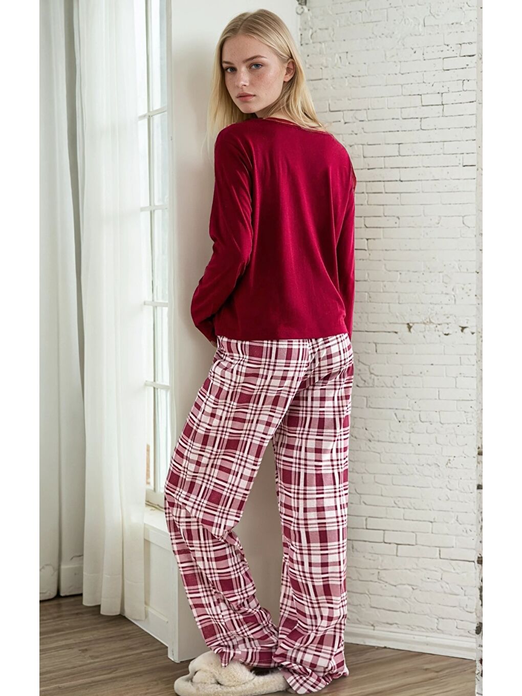 Kırmızı Ekose Desen Ayıcık Detay Uzun Kol Pijama Takımı-2