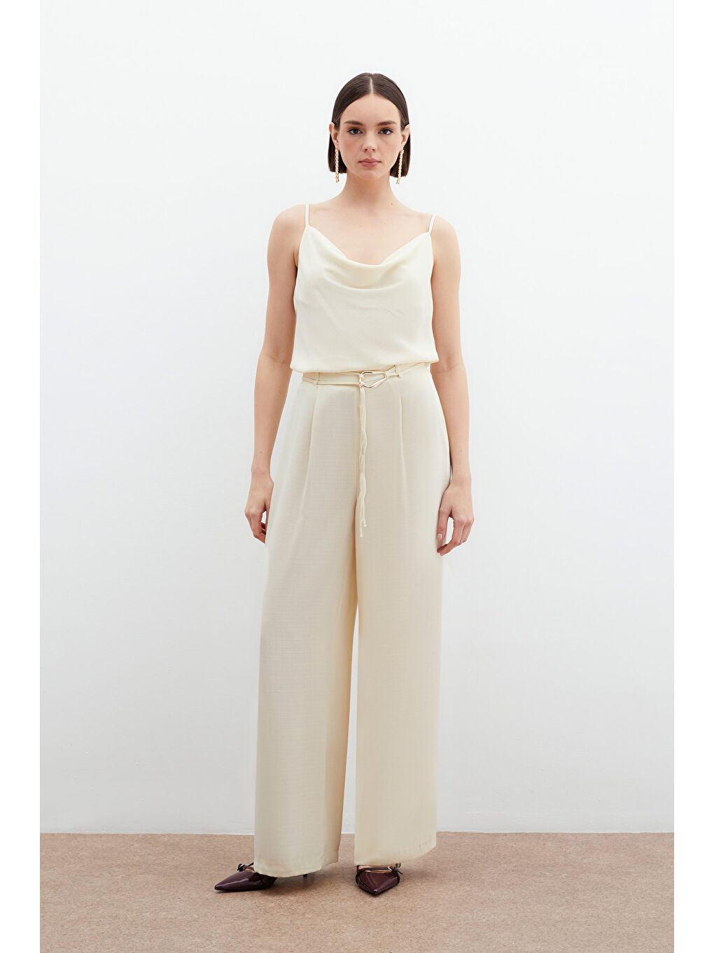 Ekru Kemerli Salaş Pantolon - Krem-5