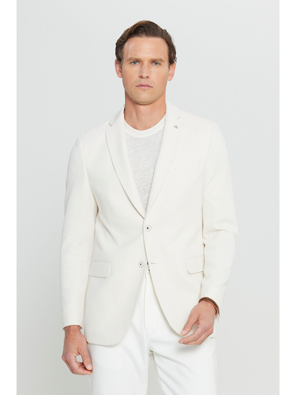 Erkek Ekru 360 Her Yöne Esneyen Pamuklu Esnek Slim Fit Dar Kesim Mono Yaka Armürlü Blazer Ceket-3