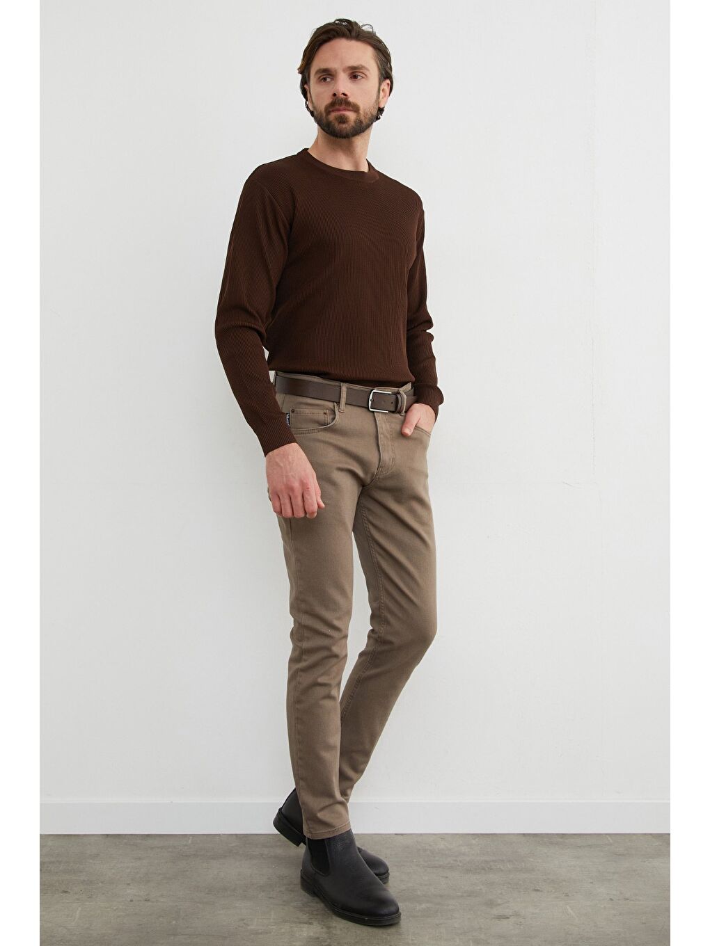 Bej Fermuarlı Slim Fit Jean