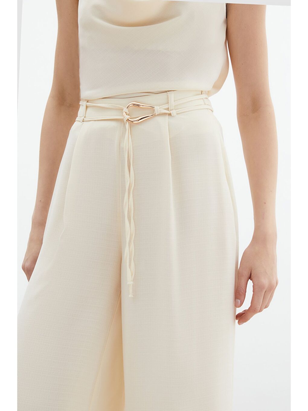 Ekru Kemerli Salaş Pantolon - Krem-6