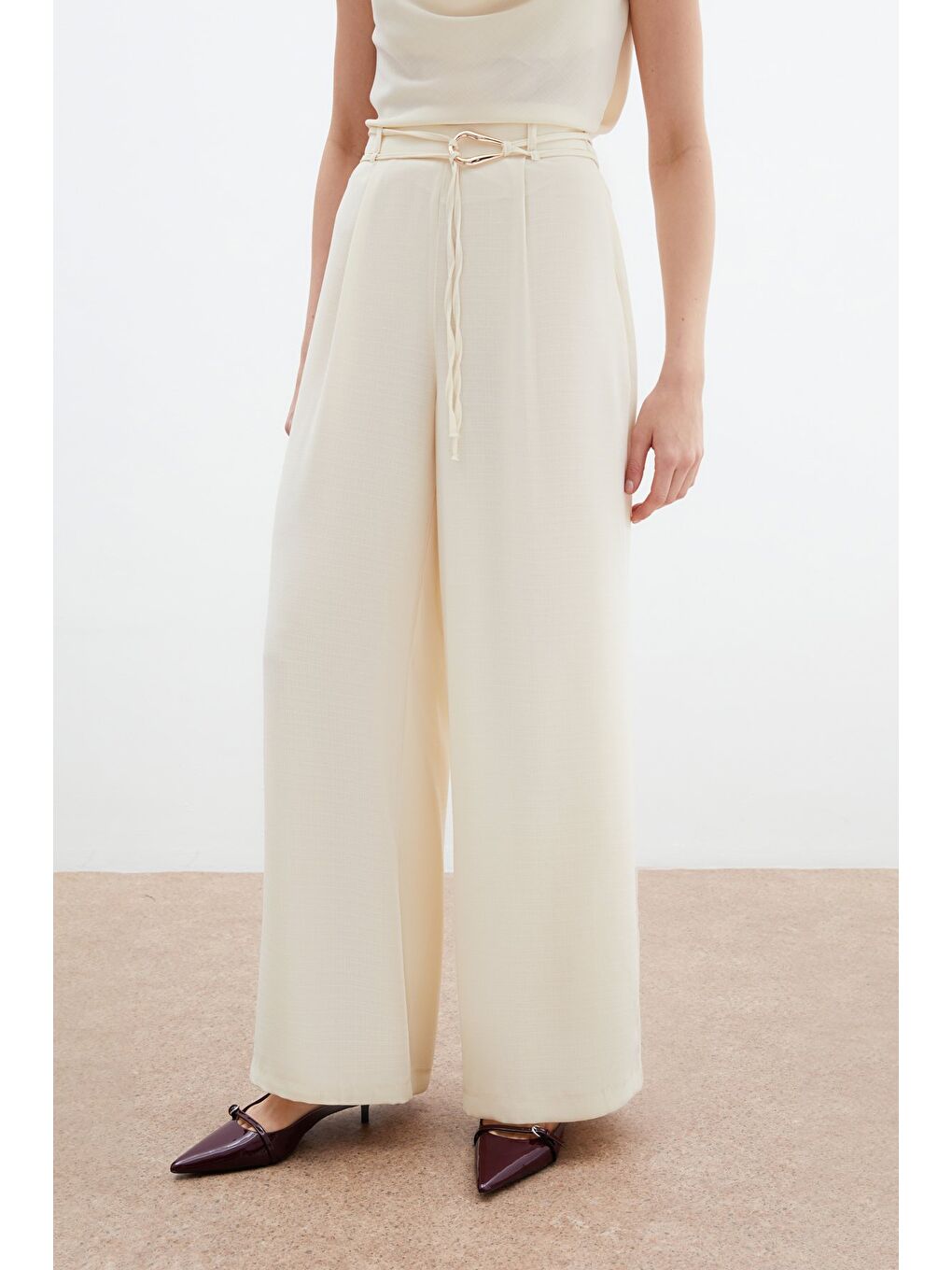 Ekru Kemerli Salaş Pantolon - Krem-7