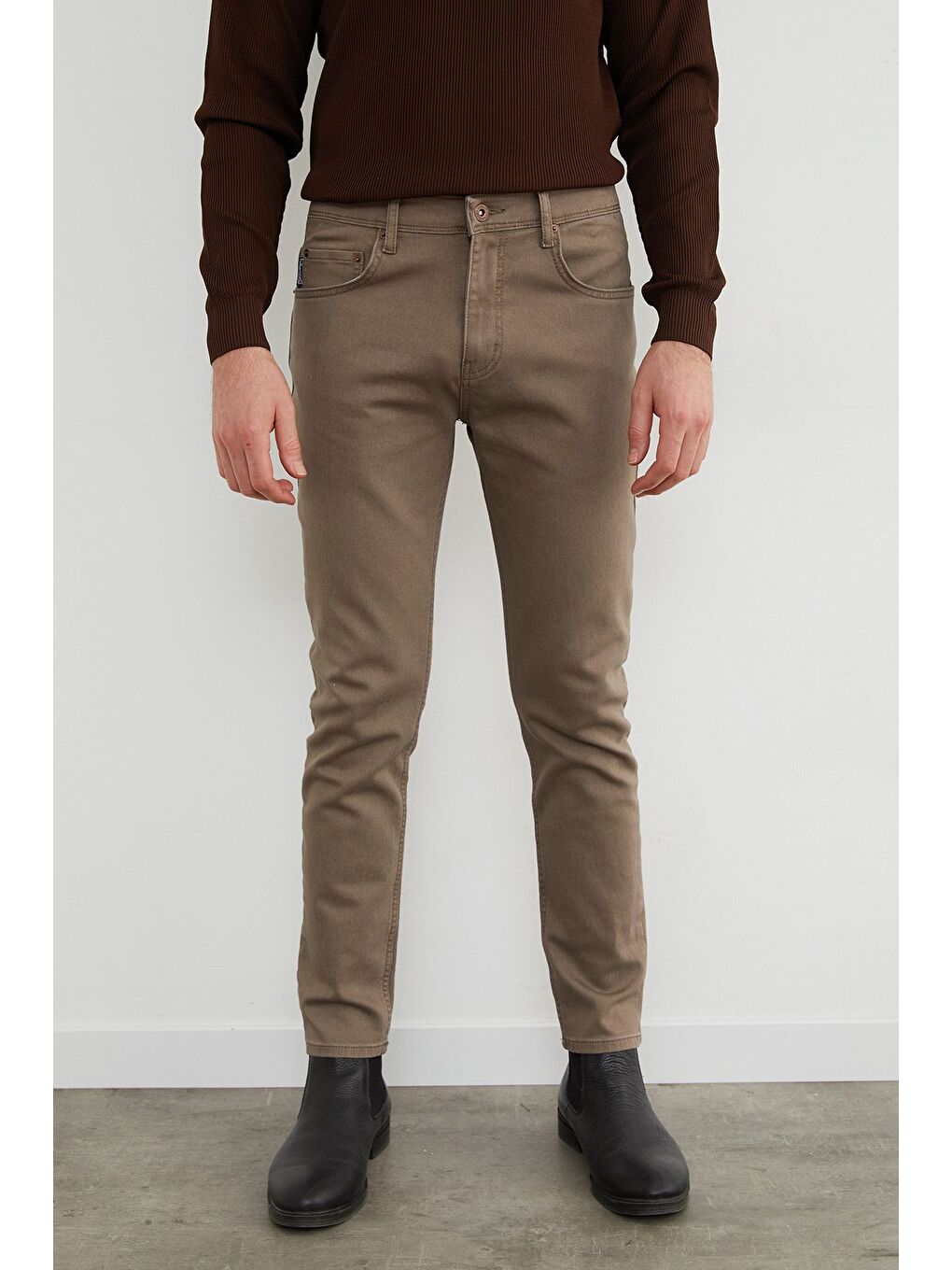 Bej Fermuarlı Slim Fit Jean-1