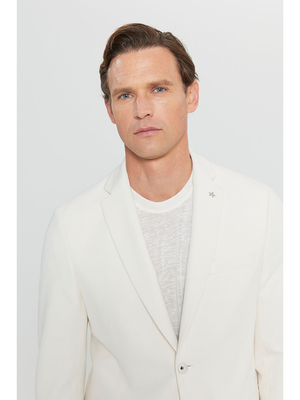 Erkek Ekru 360 Her Yöne Esneyen Pamuklu Esnek Slim Fit Dar Kesim Mono Yaka Armürlü Blazer Ceket-4