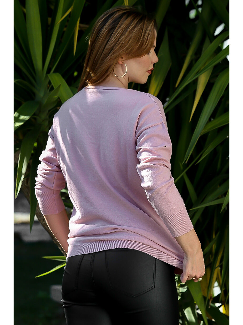 Pembe Somon Rengi V Yaka Uzun Kol Fiyonk Detaylı Casual Triko Kazak 65 60-5