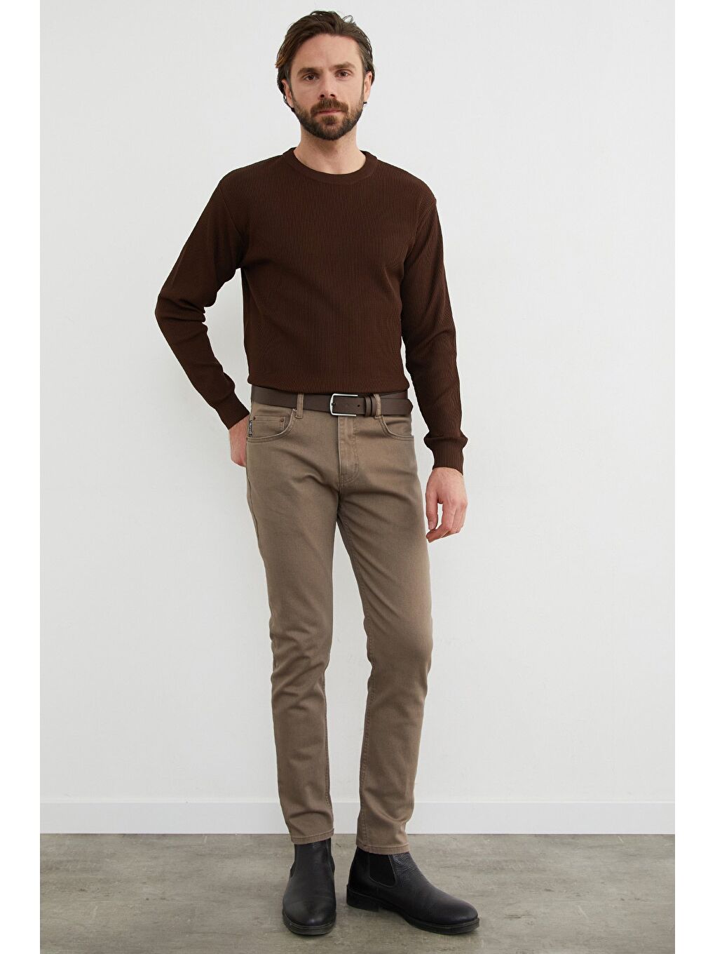 Bej Fermuarlı Slim Fit Jean-3