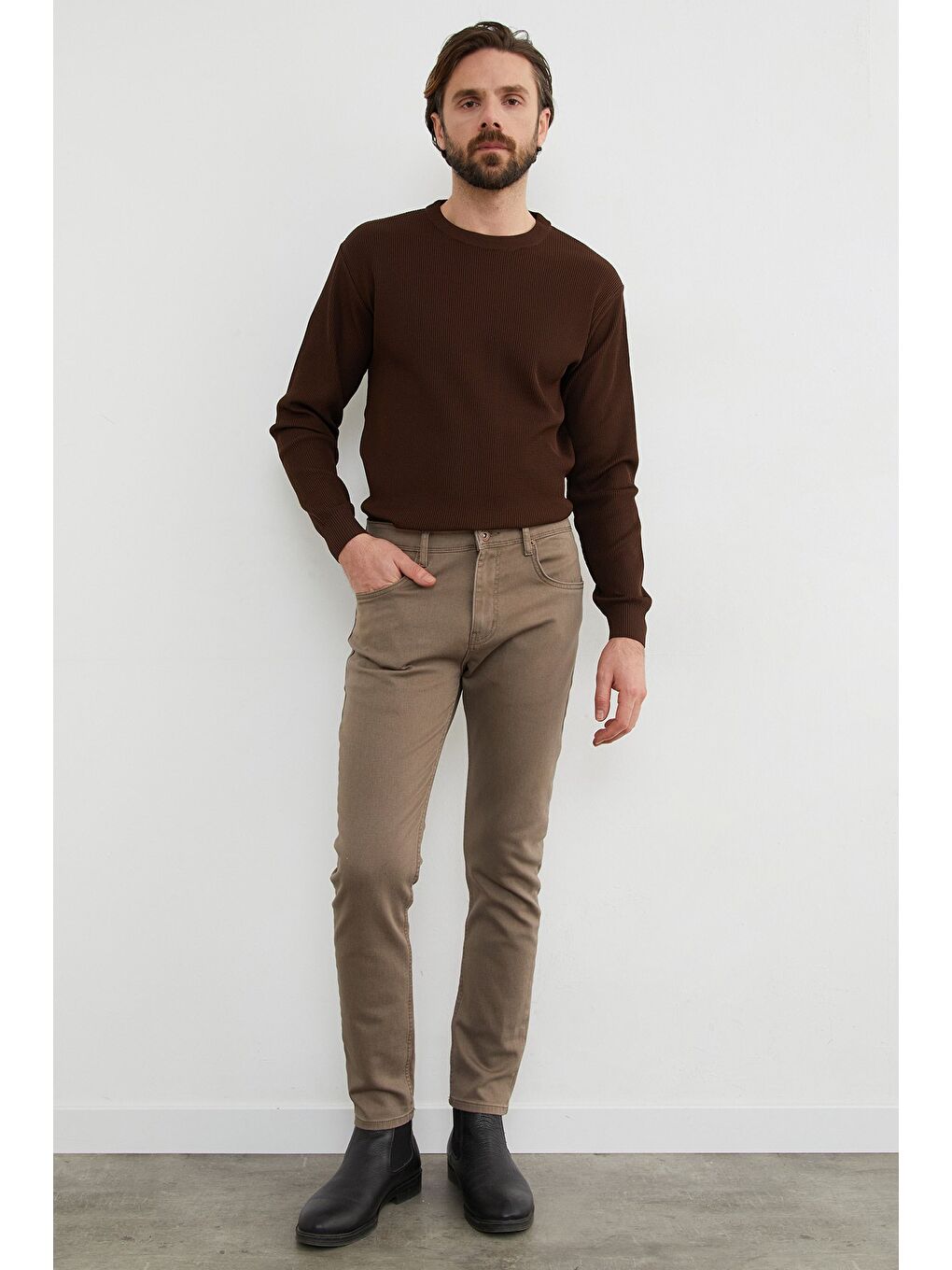 Bej Fermuarlı Slim Fit Jean-4